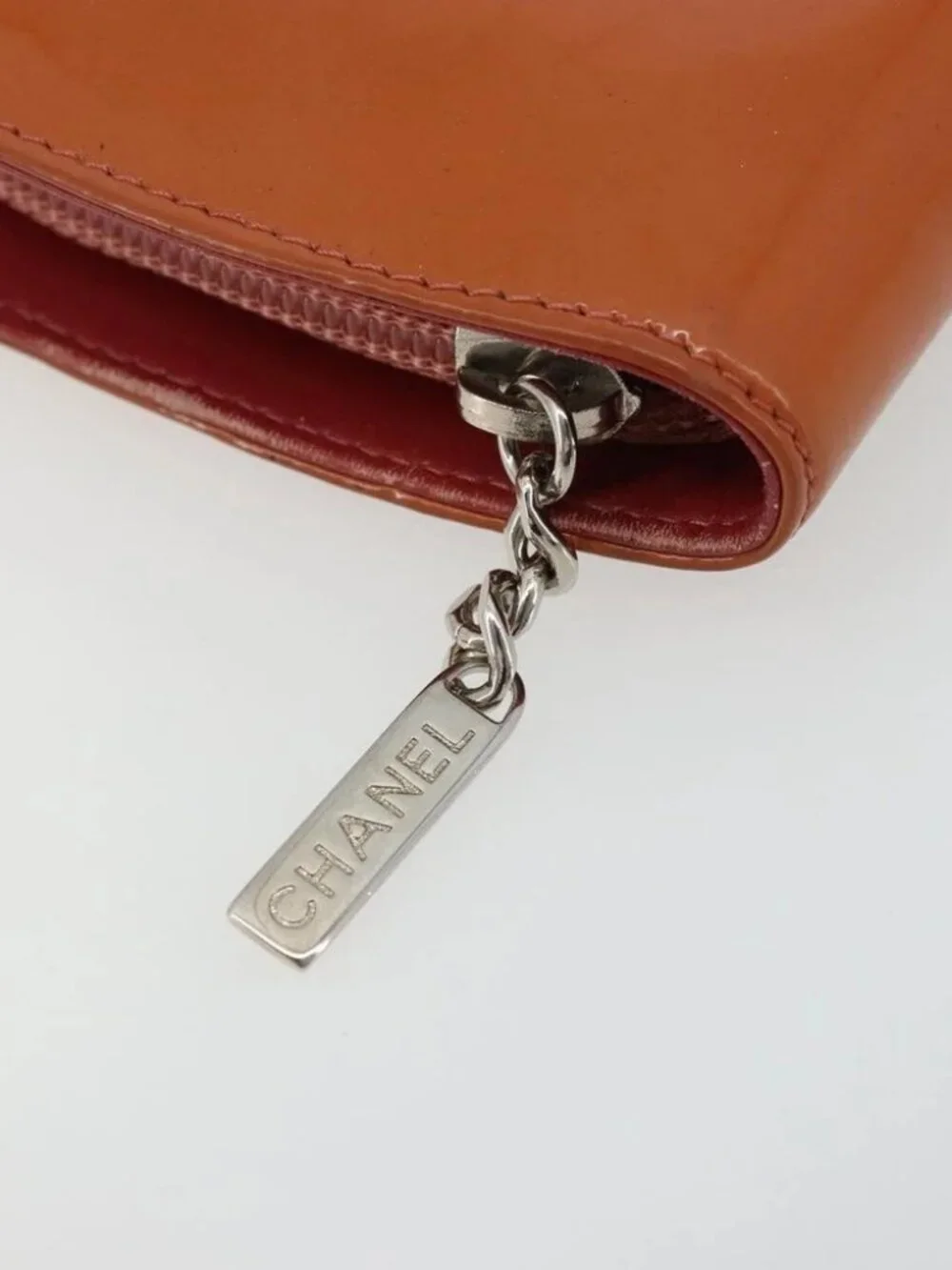 CHANEL Long Wallet Patent leather Orange Silver CC Auth bs34871